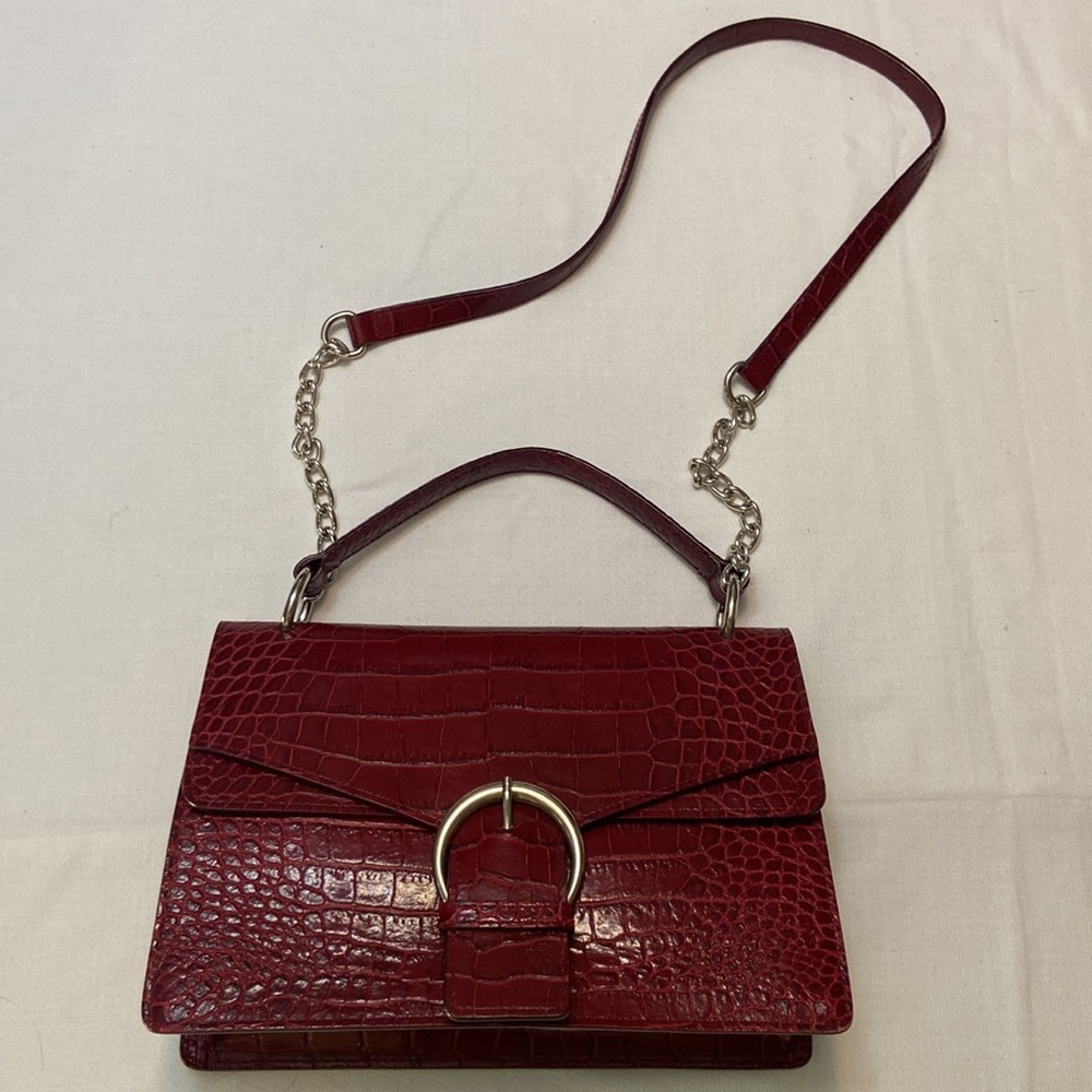 J Peterman by Claudia Leather Burgundy Red Croc Embossed Womens Shoulder Satchel